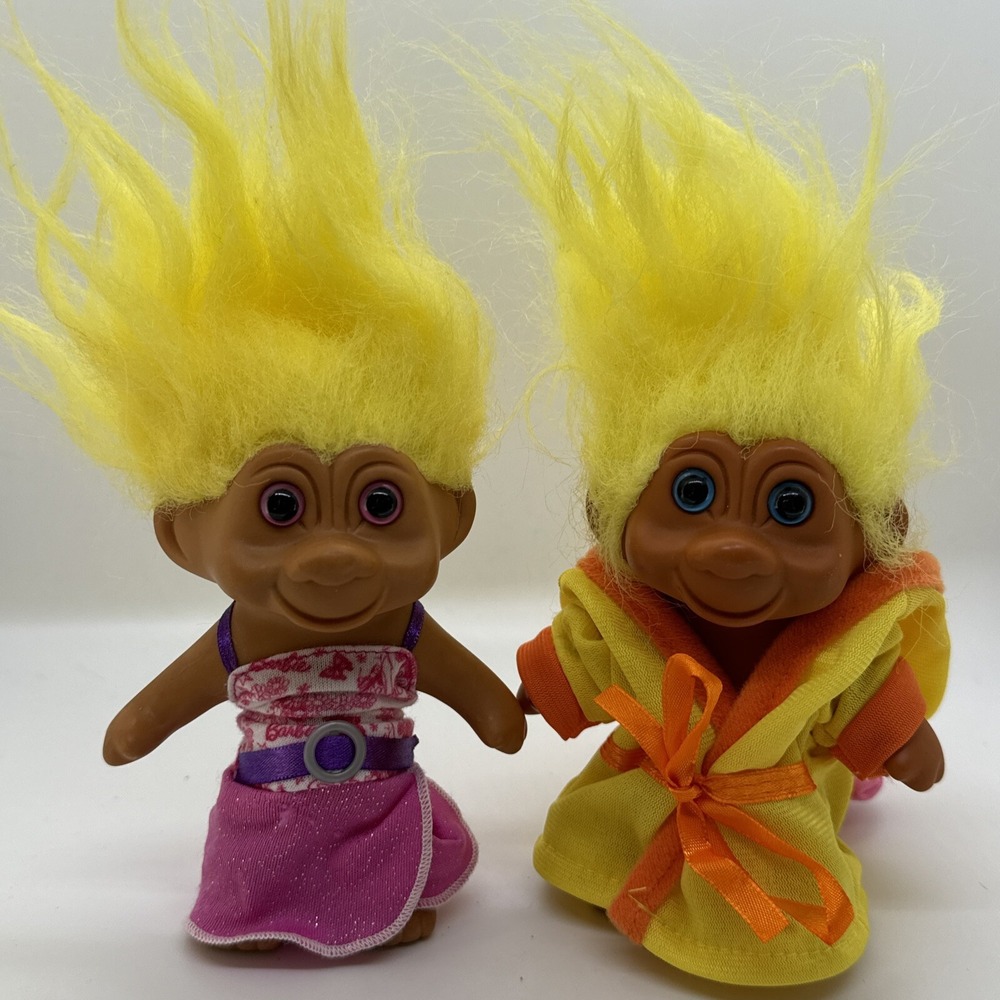 2 Vintage 1991 TNT TROLL DOLLS Yellow Hair Blue Pink Eyes